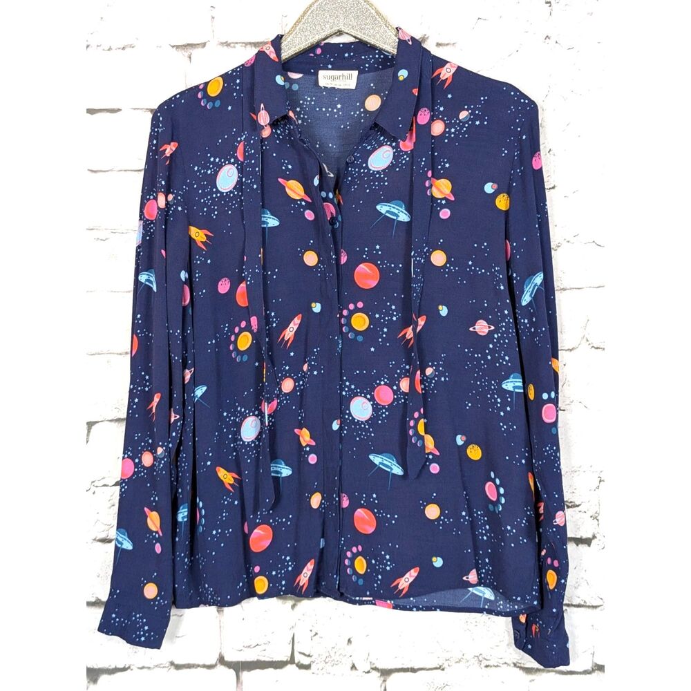 SUGARHILL BRIGHTON Celestial UFO Outer Space Novelty Print Top Quirky Size 12